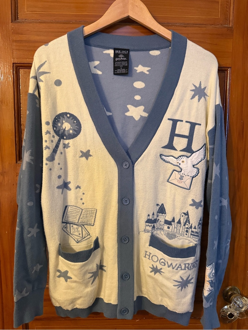 Hogwarts-Inspired Blue and Cream V-Neck Cardigan Sweater
